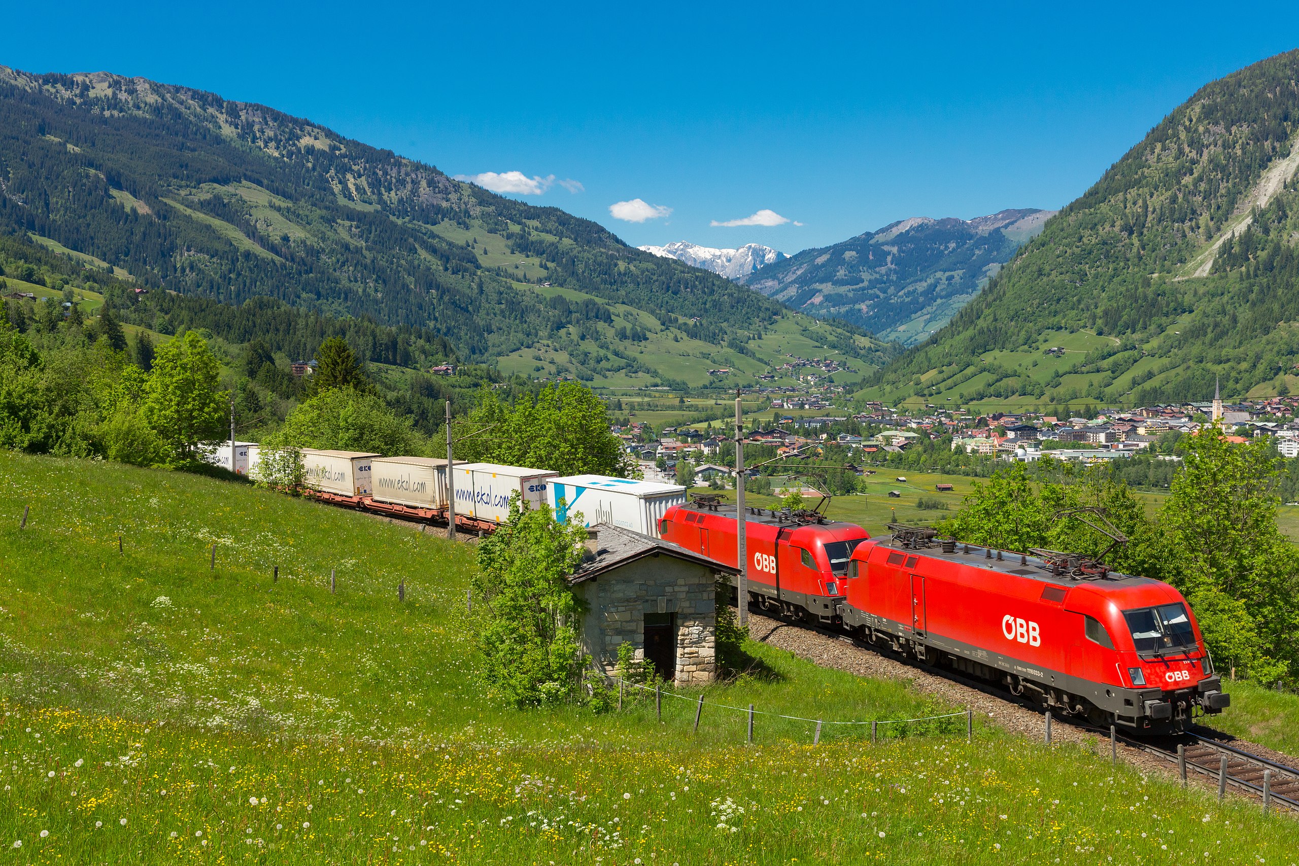 Freight train in the Alps near Bad Hofgastein in the in the Austrian state of Salzburg